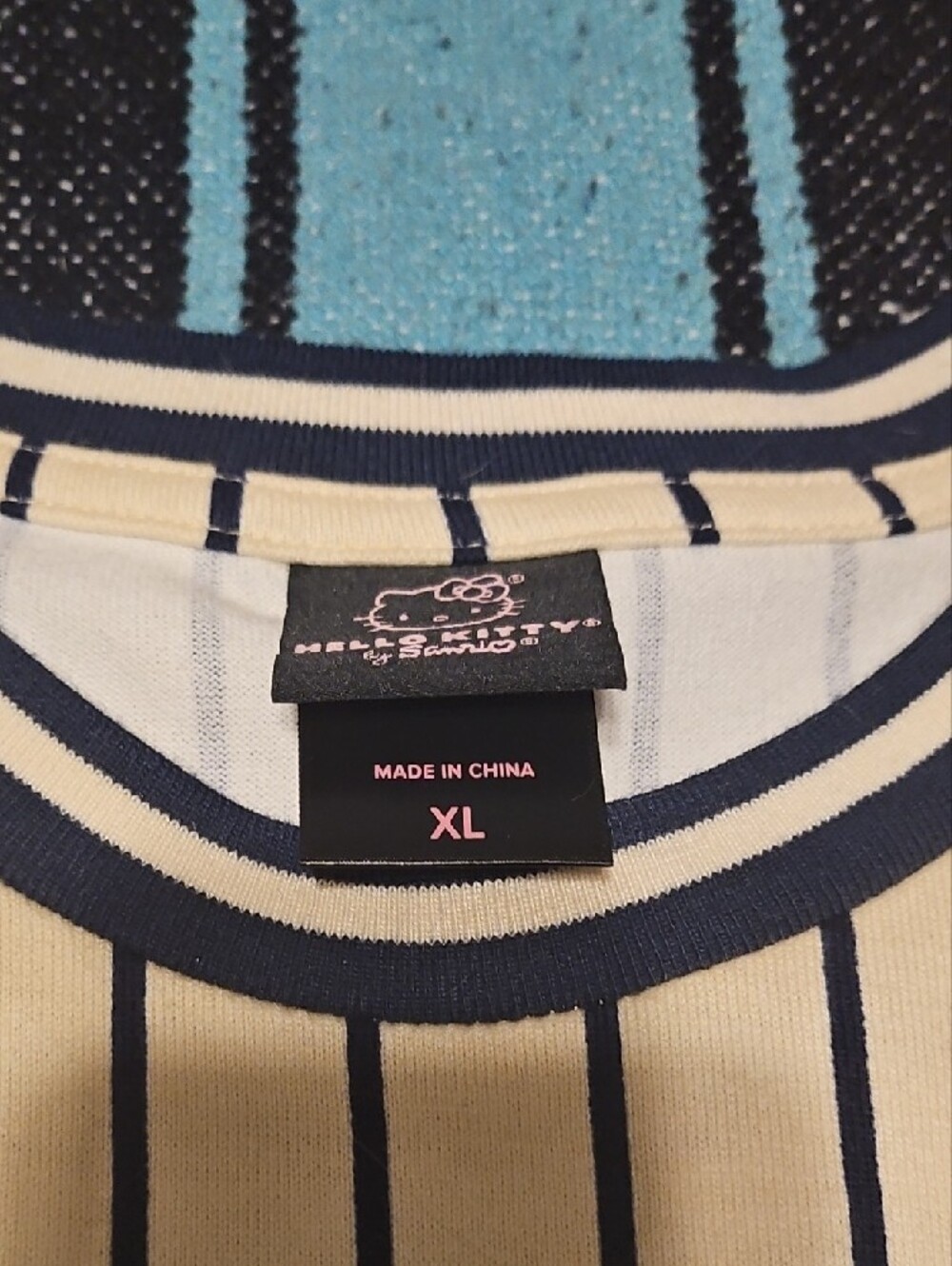 Hello Kitty White & Navy Pinstripe Short Sleeve Tee with Red Accents - Picture 3 of 4